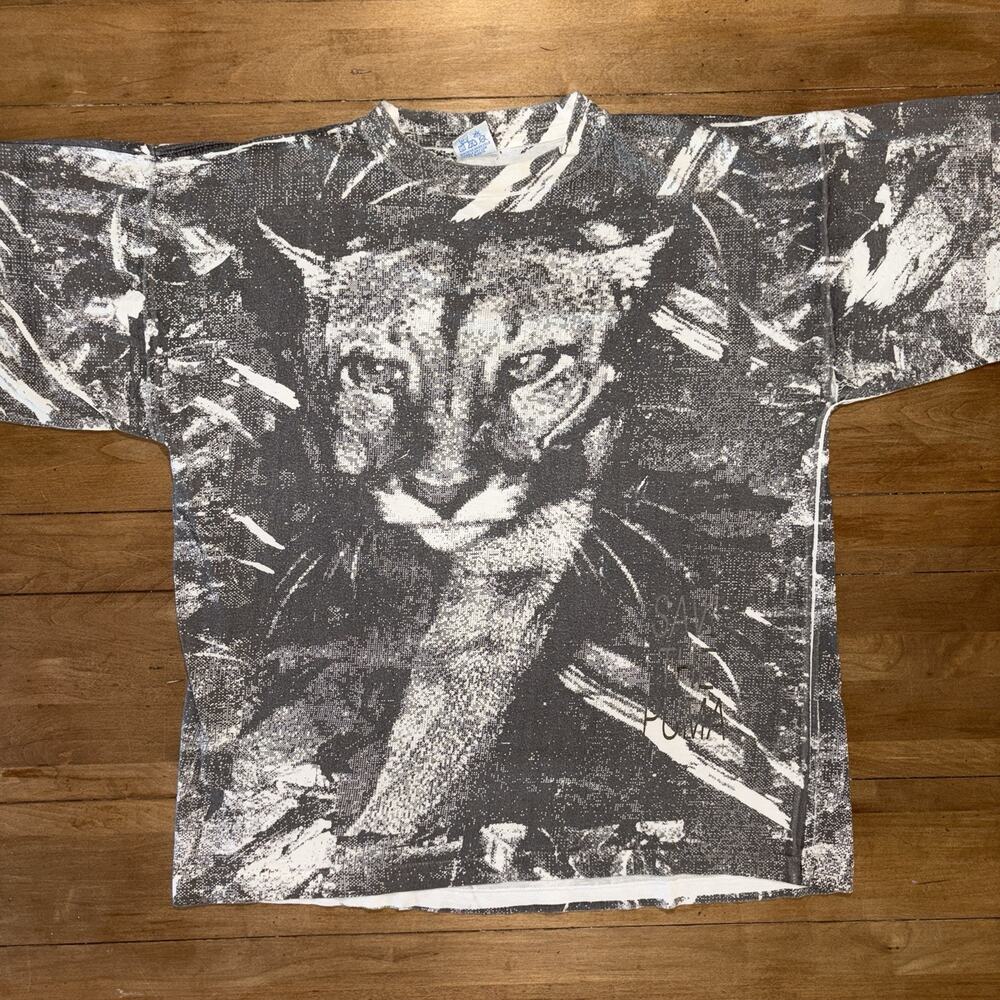 Vintage 90s PUMA Shirt All Over Print Save The Puma Big Cat Wildlife Gray Sz L